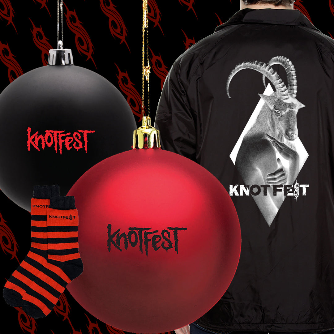 The Knotfest webstore holiday stock includes throwback designs, seasonal gifts, and official Slipknot tees