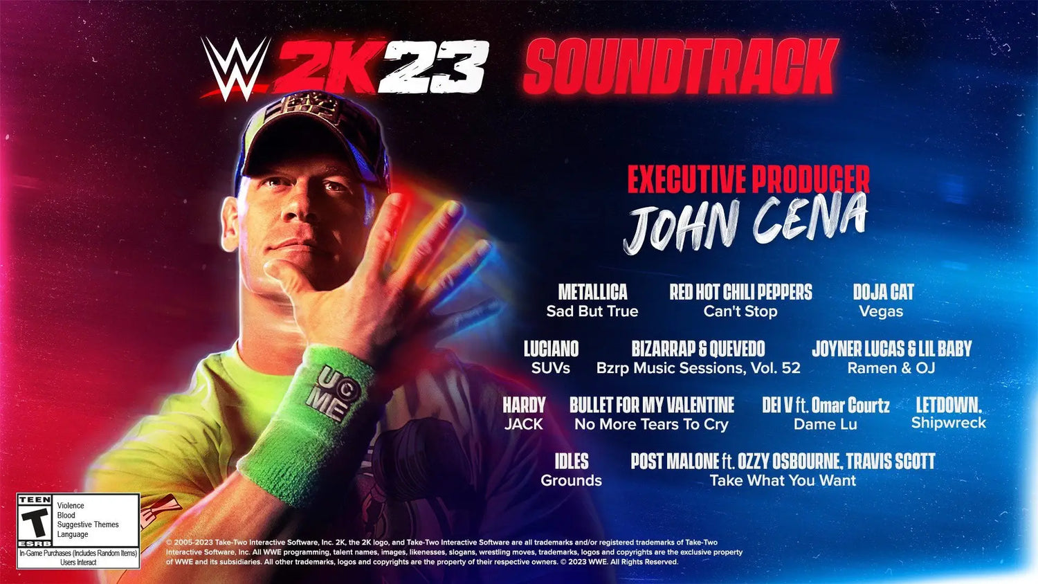 John Cena Curates WWE2k23 Soundtrack feat. Metallica Red Hot Chili Peppers Bullet For My Valentine